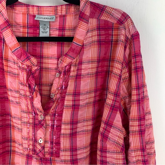 Catherine’s Womens 3X Popover Blouse Top Pink Plaid Roll Tab Sleeves Sequins - Picture 5 of 9